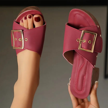 Women's summer elegant block heel slides, featuring a stylish buckle, perfect for warm weather fashion.