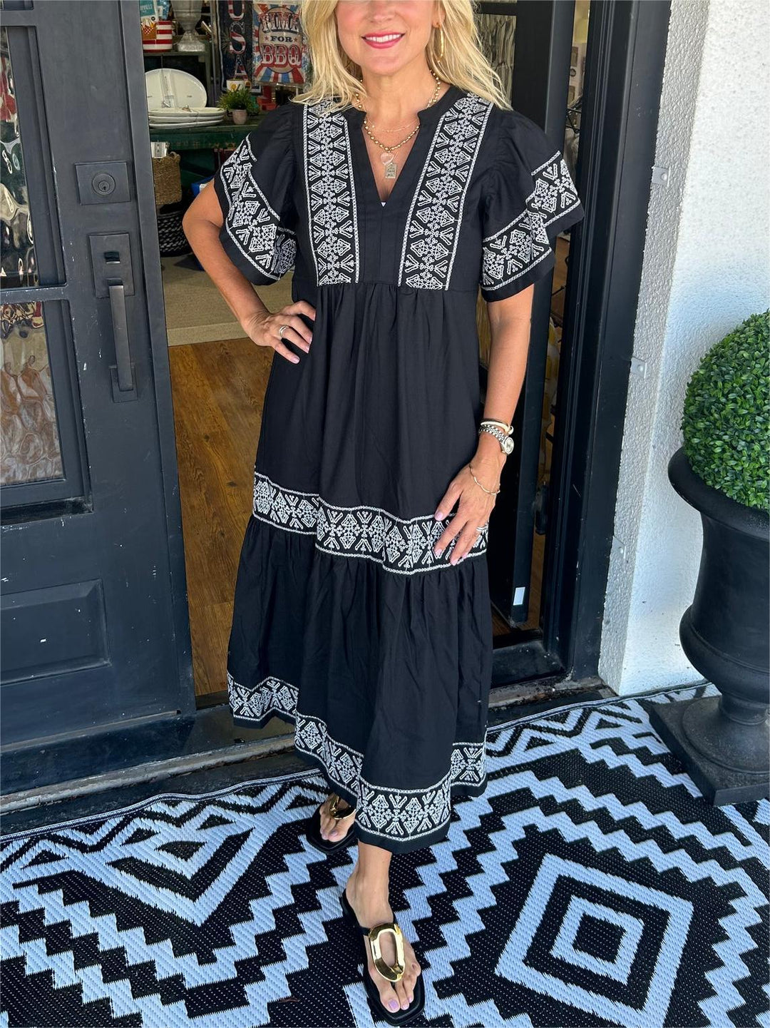 Stylish women's A-line midi boho dress, embroidered for a casual yet elegant spring and summer look.
