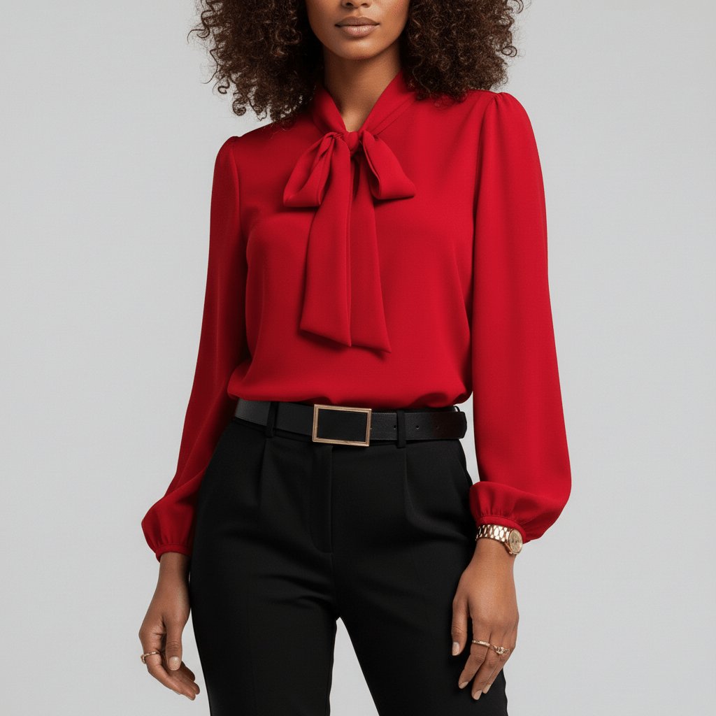 Women's elegant bow tie neck blouse with puff long sleeves, perfect for office and formal wear.