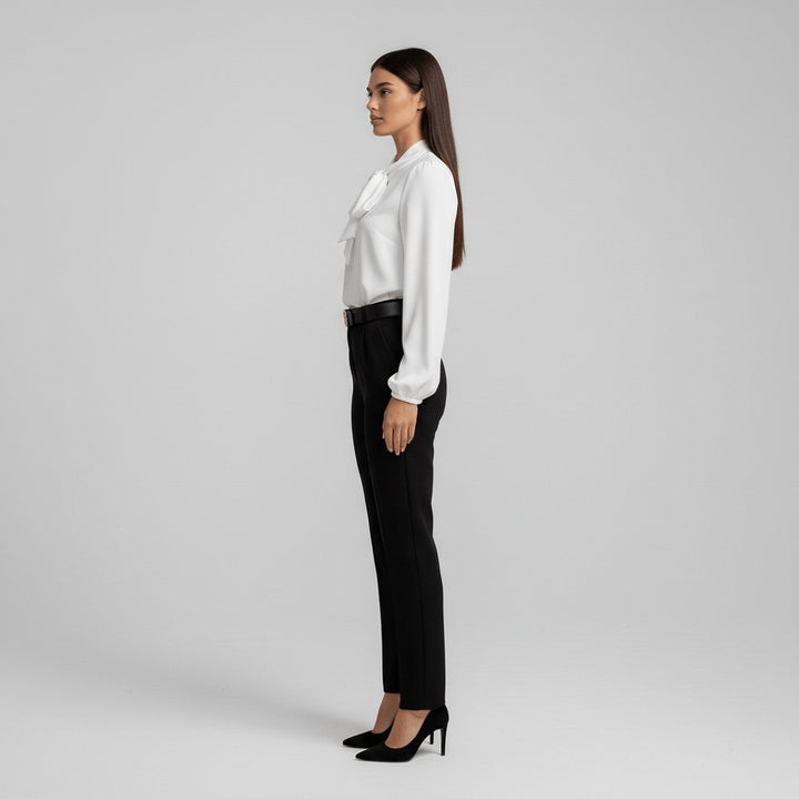 Women's elegant bow tie neck blouse with puff sleeves, a stylish and versatile top for various occasions.