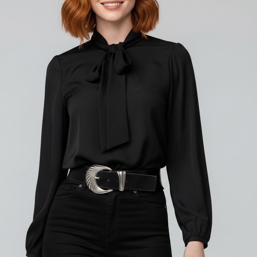 Versatile women's long sleeve blouse with a delicate bow tie and puff sleeves, suitable for office or special events.