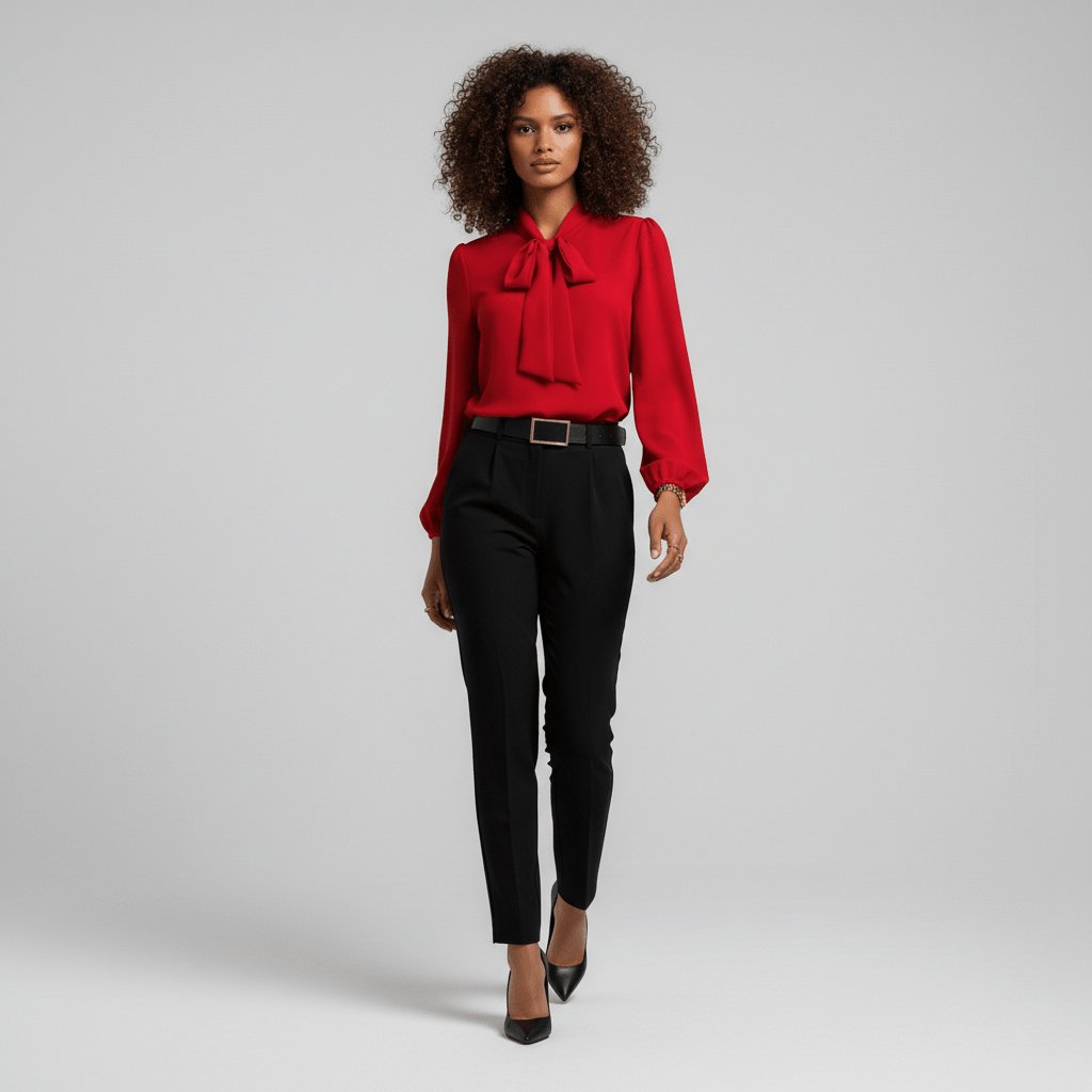 Professional women's bow tie neck blouse with elegant puff sleeves, a must-have for office fashion and workwear.