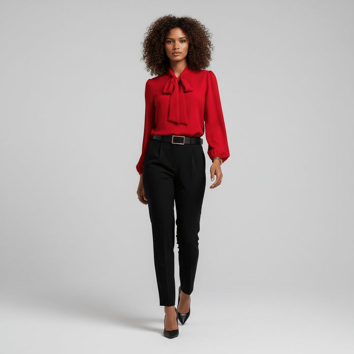 Professional women's bow tie neck blouse with elegant puff sleeves, a must-have for office fashion and workwear.