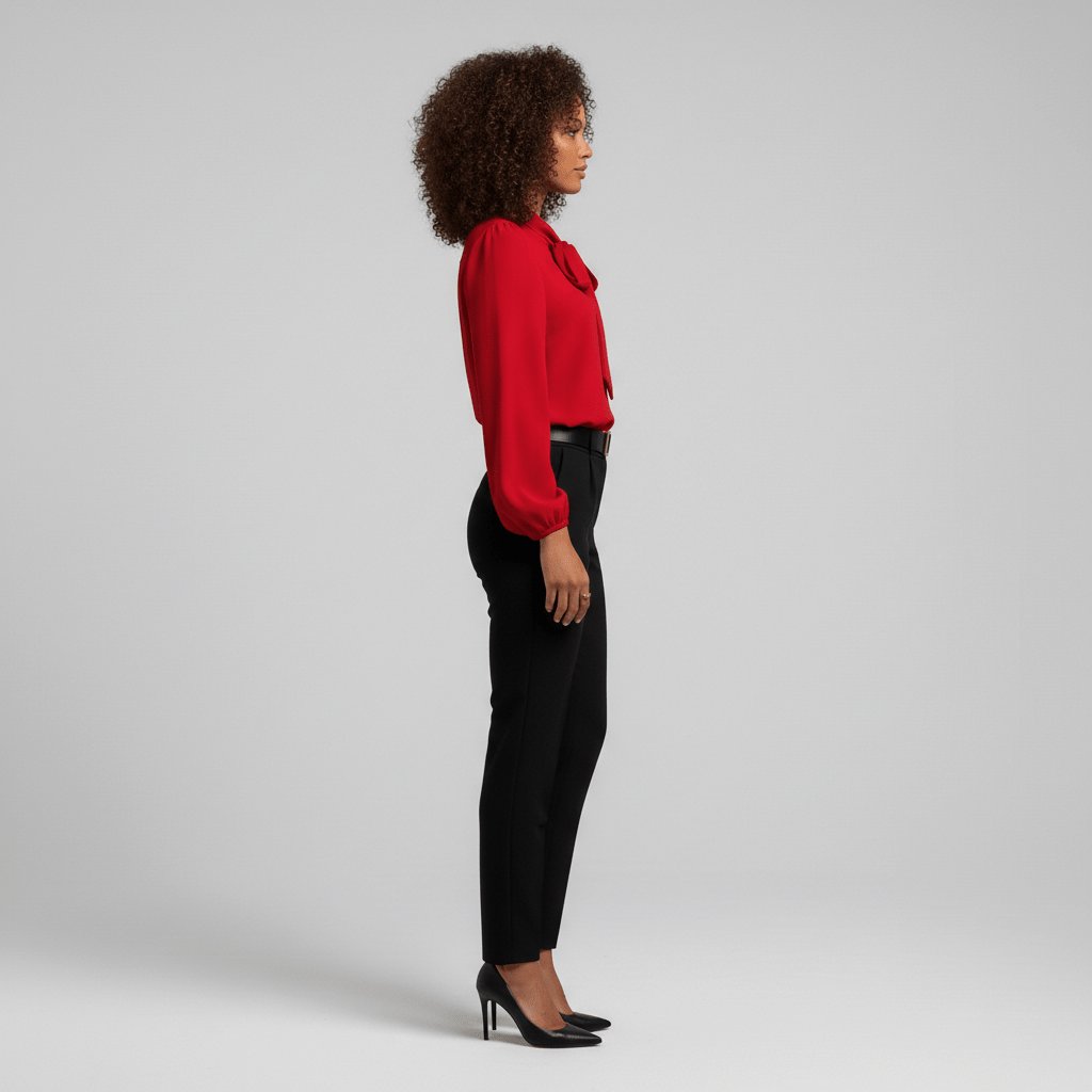Stylish women's formal blouse featuring a graceful bow tie neck and chic puff sleeves, a truly elegant top.