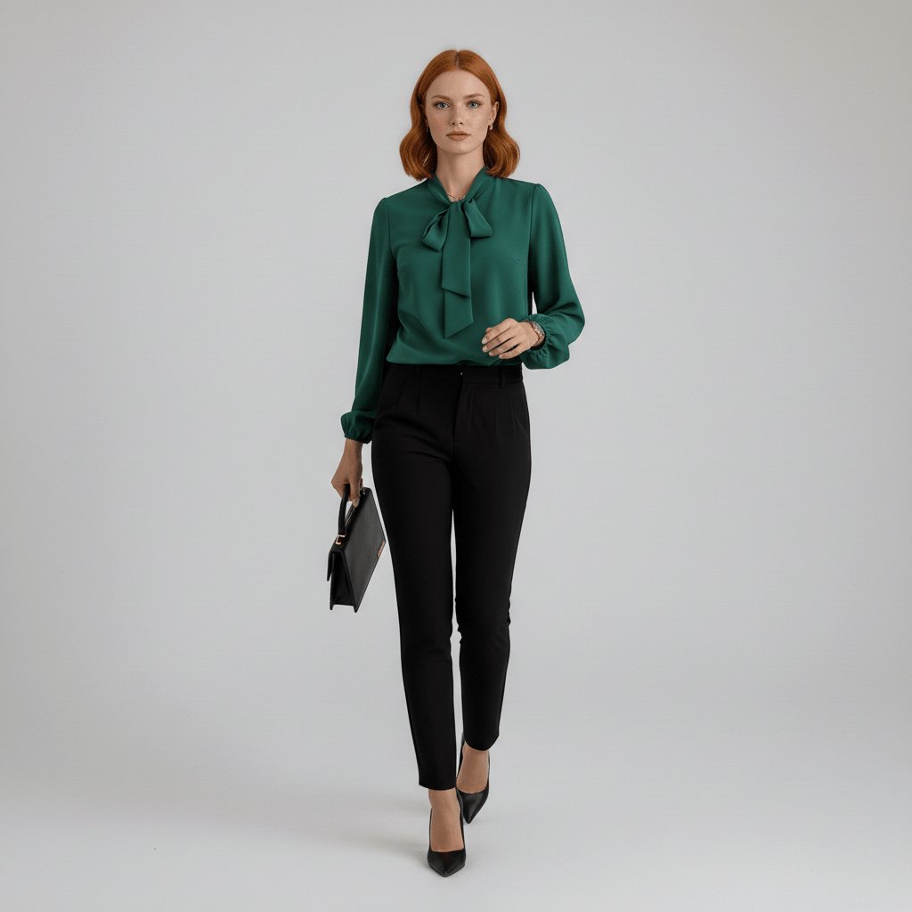 Comfortable yet elegant women's long sleeve blouse with a beautiful bow tie neck and fashionable puff sleeves.
