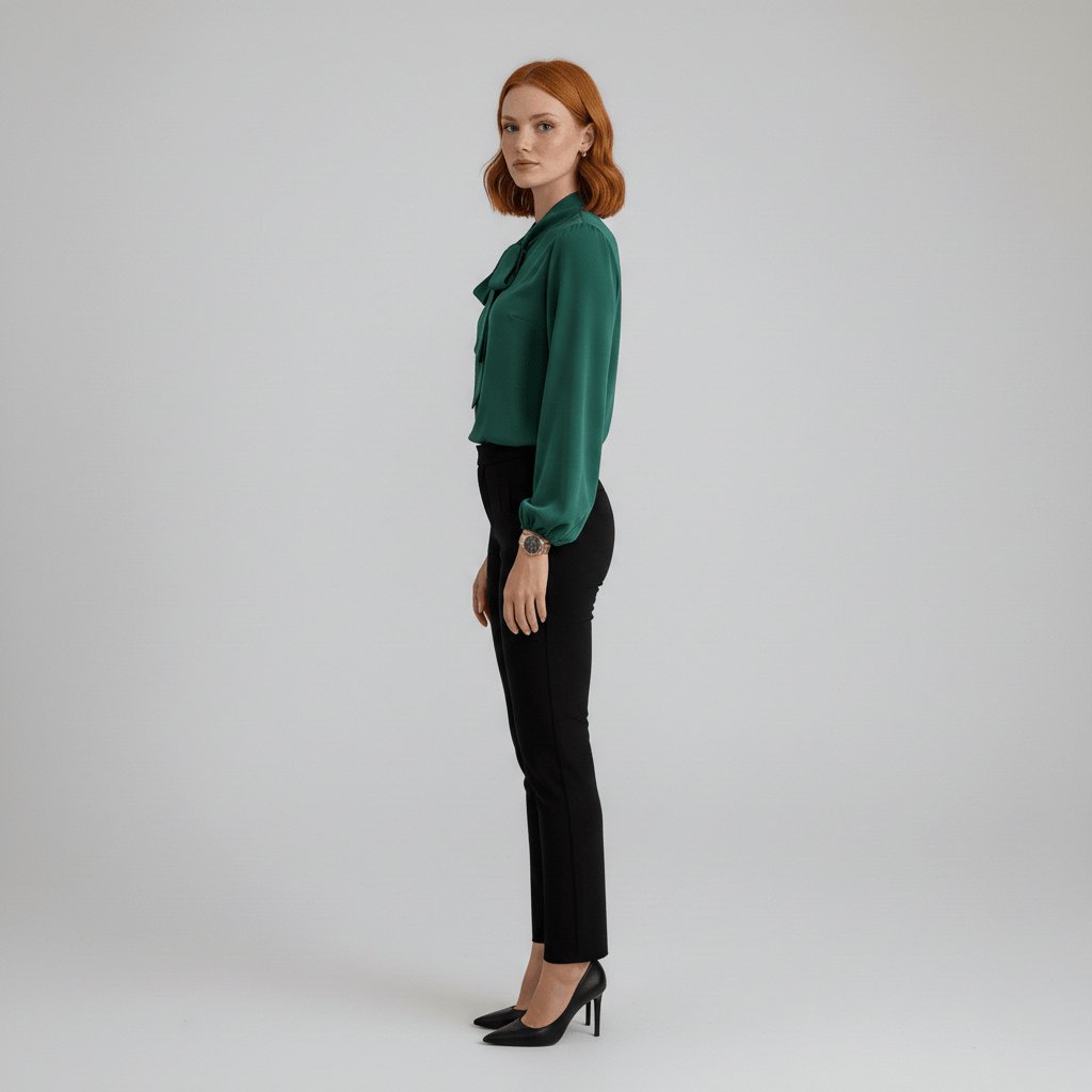 Modern classic women's elegant blouse with puff sleeves and a sophisticated bow tie neck for a refined style.