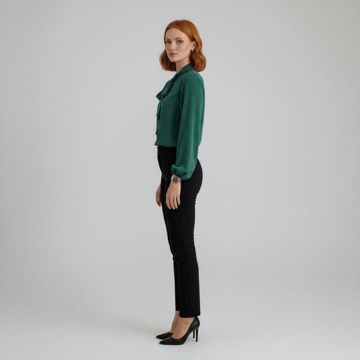 Modern classic women's elegant blouse with puff sleeves and a sophisticated bow tie neck for a refined style.
