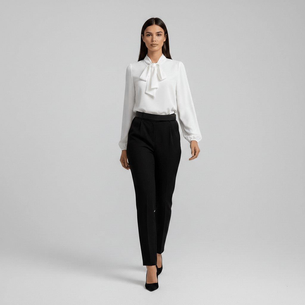 Detailed women's blouse with an elegant bow tie neck and prominent puff sleeves, perfect for a chic appearance.