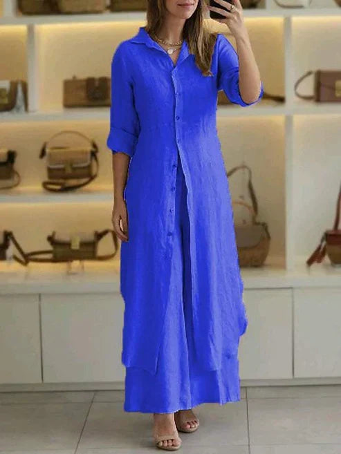 Women's elegant button-down maxi shirt dress with 3/4 sleeves, spread collar, perfect for summer casual or evening wear.