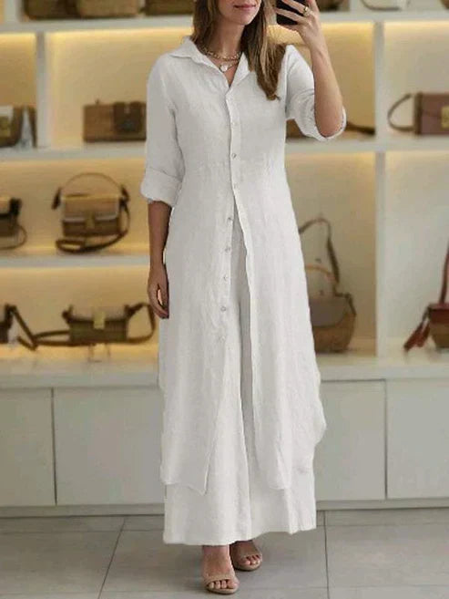 Stylish women's maxi shirt dress featuring a full button-down front, 3/4 sleeves & spread collar, ideal for resort wear.
