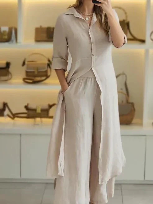 Versatile women's long button-down shirt dress with 3/4 sleeves, suitable for casual daytime or elegant evening outfits.