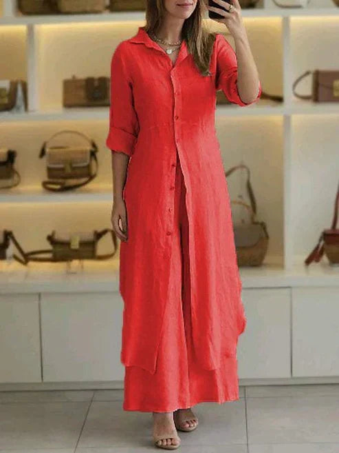 Women's elegant long button-down dress with 3/4 sleeves and a sophisticated spread collar, comfortable and stylish.