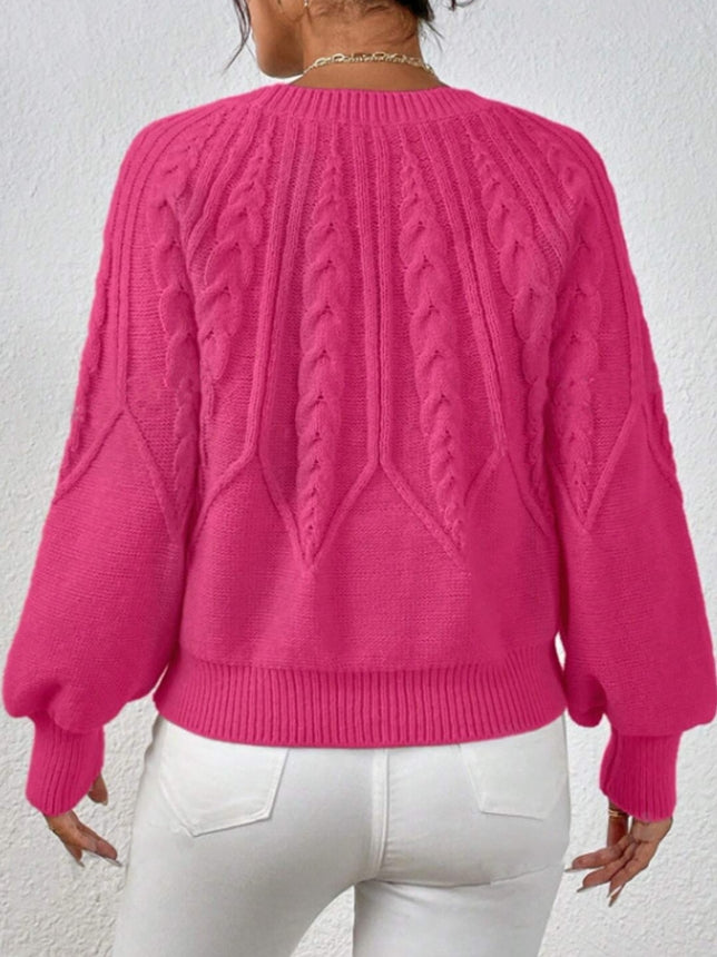Elegant women's knit sweater, cable knit texture, and fashionable balloon sleeves.