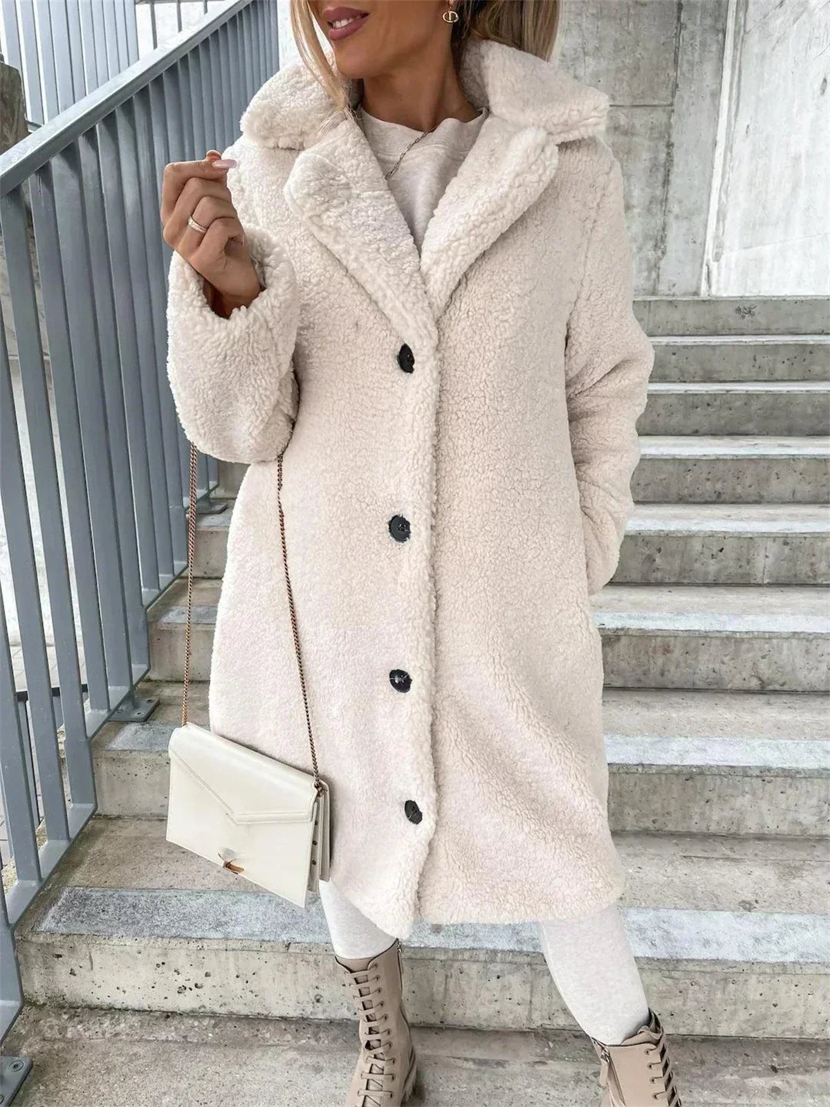 Chic women's elegant long coat, a sophisticated casual outerwear option for a polished look.
