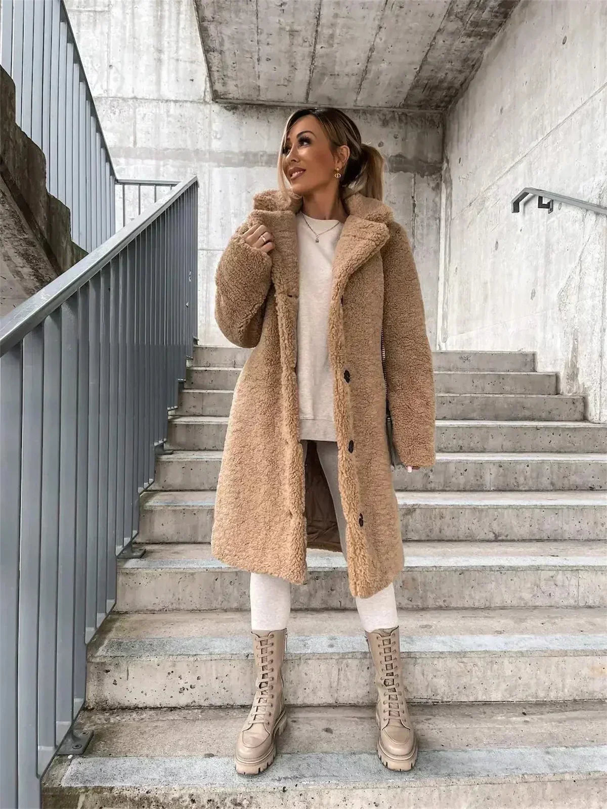 Cozy women's long coat, ideal fall jacket or winter fashion layering piece. Elegant and comfortable.