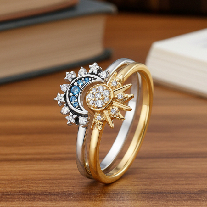 Women's elegant celestial sun moon ring with sparkling crystal accents. Perfect statement jewelry.