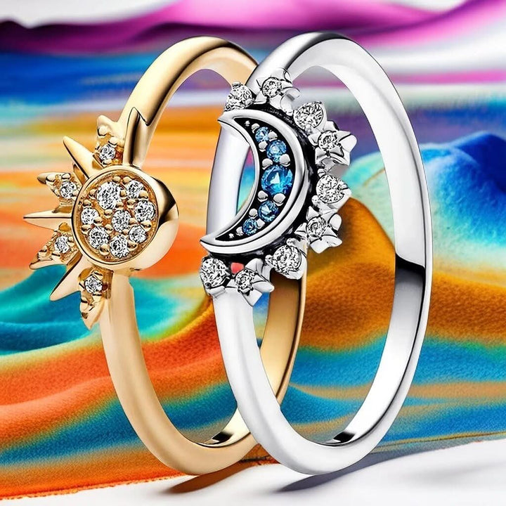 Unique women's sun moon ring, an elegant gift with glittering crystal accents. Cosmic jewelry.
