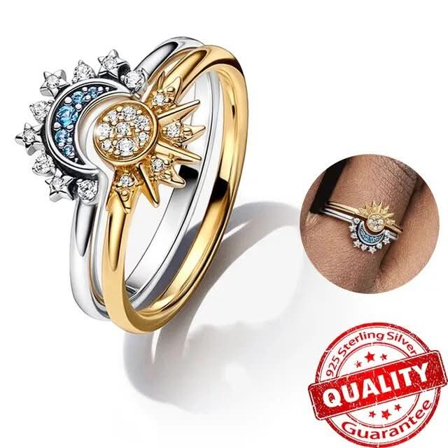 Unique women's celestial ring. Sun and moon design with shimmering crystal details. Great gift idea.