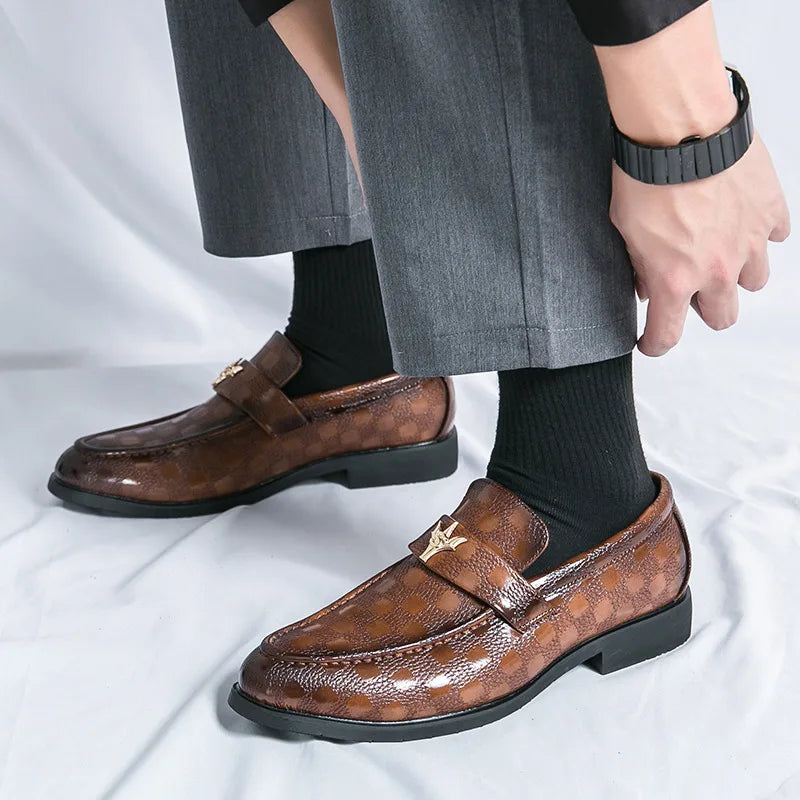 Sophisticated women's check-embossed slip-on loafers, blending elegance with casual chic.