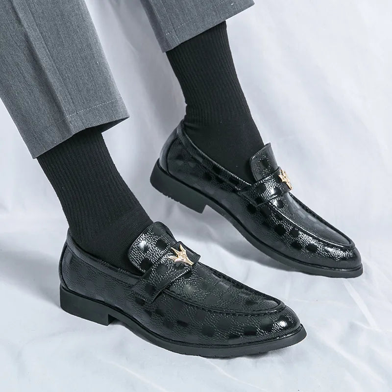Women's check-embossed slip-on loafers. Elegant design, comfortable for office or casual wear.