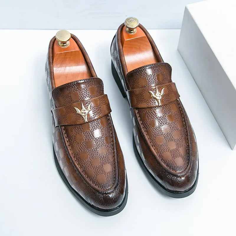 Women's elegant slip-on loafers, distinct check-embossed pattern, offering comfort and style.