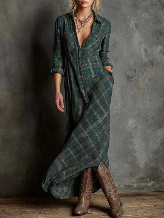 Women's elegant checkered maxi dress with lapel collar & long sleeves, ideal for versatile spring & fall fashion.