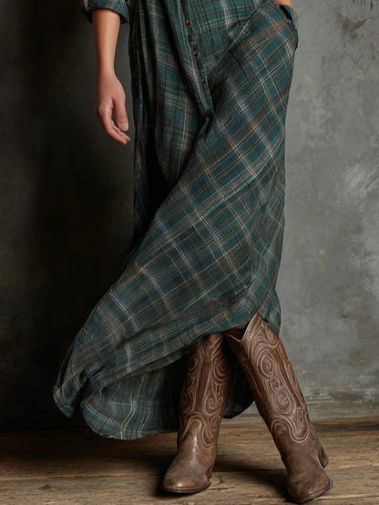 Flowy women's checkered casual maxi dress with a sophisticated lapel collar & single-breasted design.
