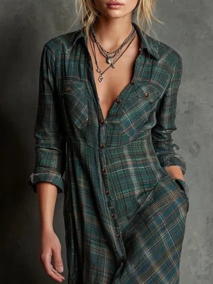 Versatile women's long sleeve checkered maxi dress, perfect for elegant casual spring, summer & fall outfits.