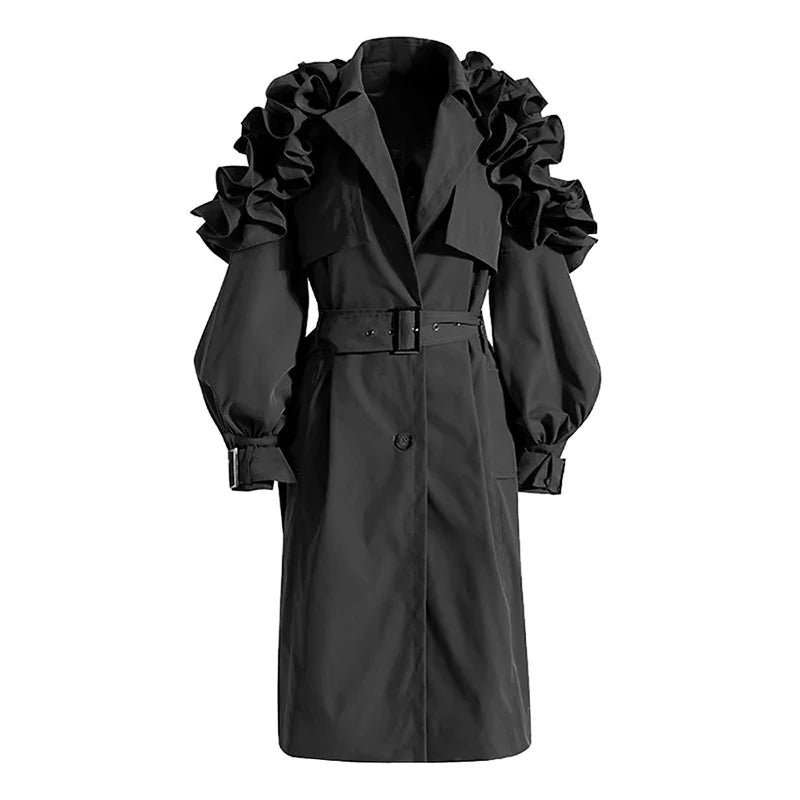 Stylish women's long trench coat, a versatile outerwear piece for elegant transitional fashion.