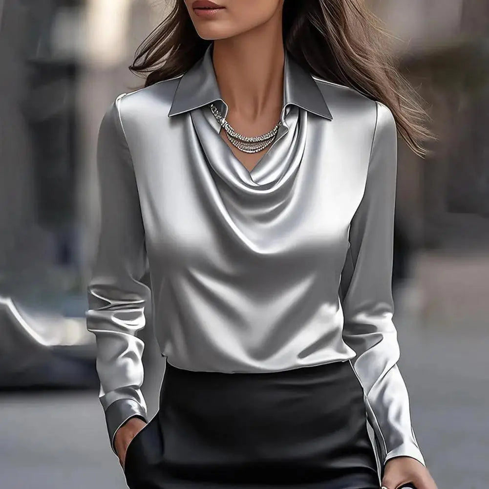 Versatile women's satin blouse with swing collar, long sleeve, suitable for office, dinner, or parties.