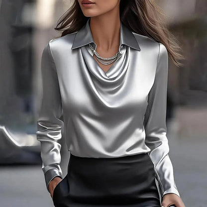 Versatile women's satin blouse with swing collar, long sleeve, suitable for office, dinner, or parties.