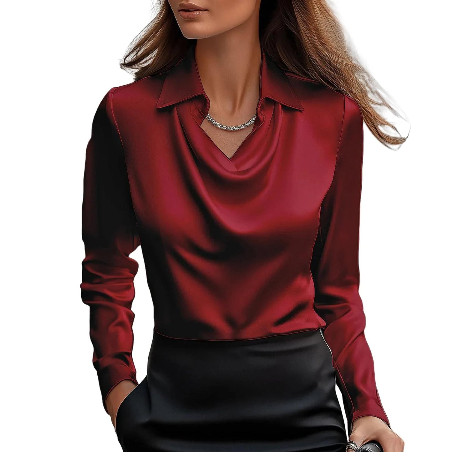 Formal women's long sleeve satin blouse with an elegant cowl neck, perfect for office wear or evening events.
