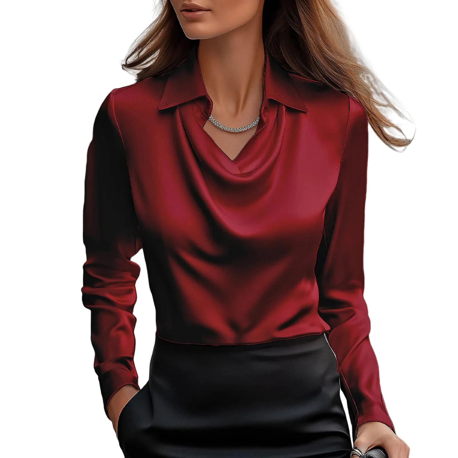 Formal women's long sleeve satin blouse with an elegant cowl neck, perfect for office wear or evening events.