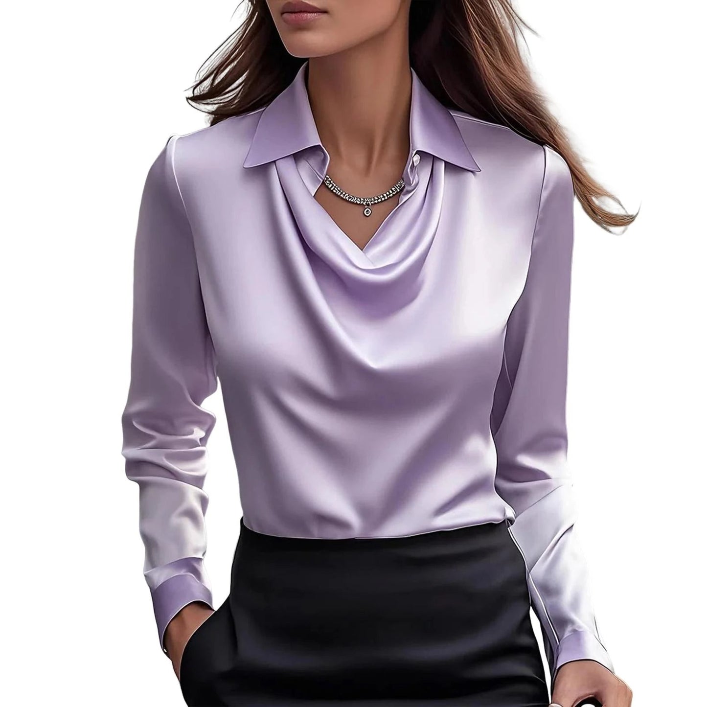 Fashionable women's satin blouse, elegant swing collar, long sleeve, a versatile addition to any wardrobe.