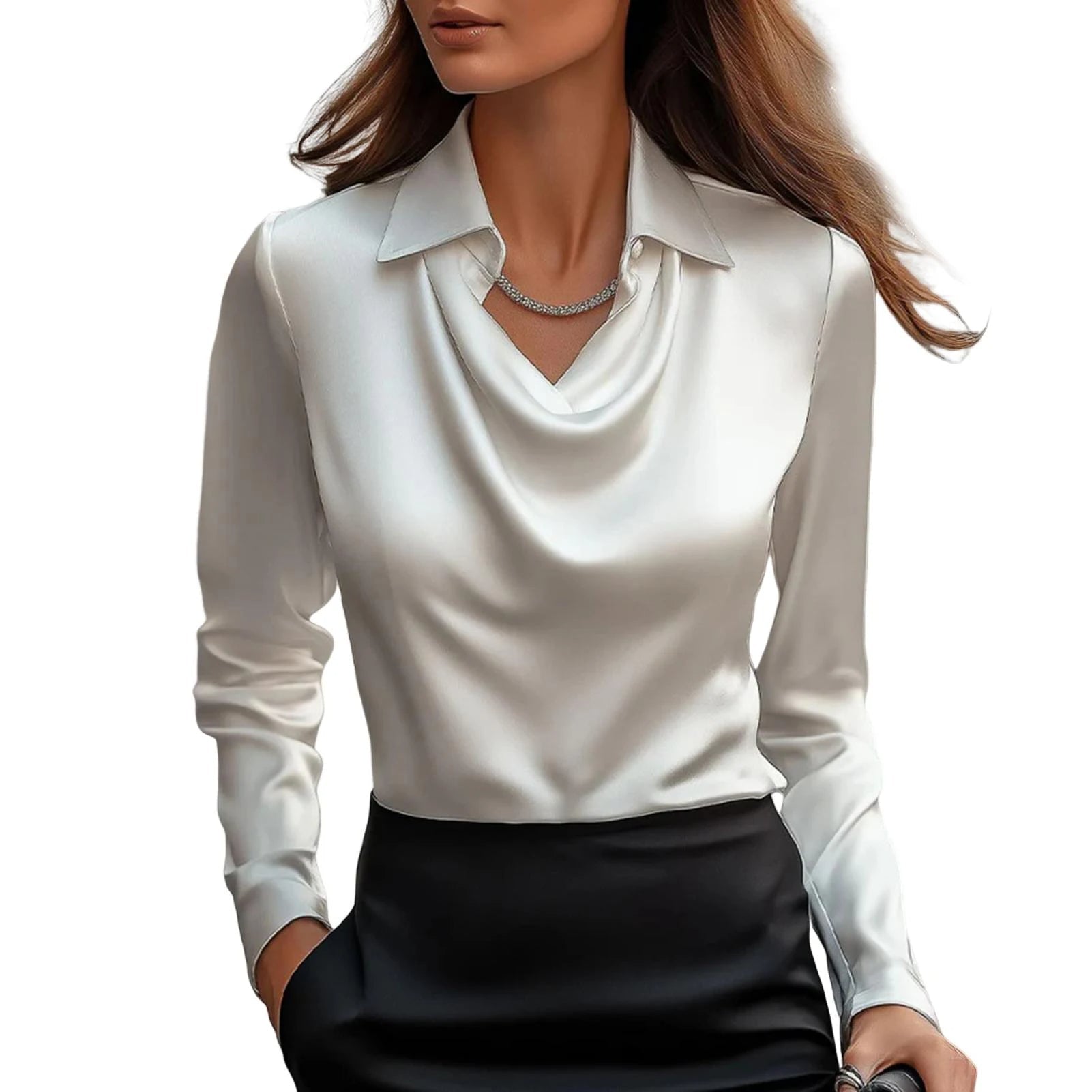 Elegant women's satin blouse, cowl neck, long sleeve, perfect for a refined office or evening outfit.