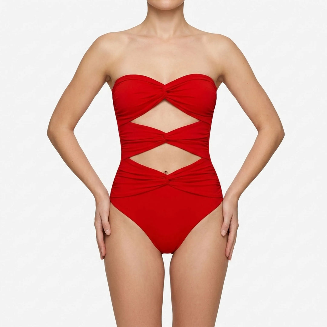 Women's elegant cutout bikini set & flowing skirt resort wear, comfortable and chic.