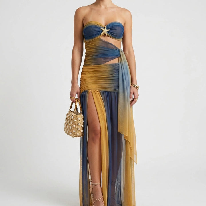 Women's cutout swimsuit with flowing skirt, a stunning resort set for elegant poolside fashion.