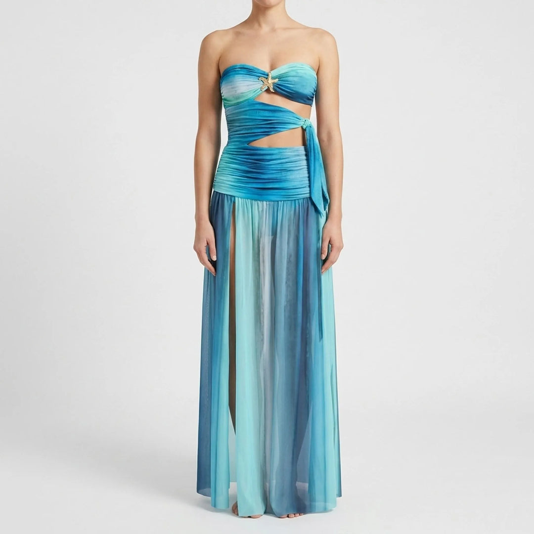 Vacation outfit: Women's gradient cutout swimsuit & flowing skirt beach set with starfish accent.
