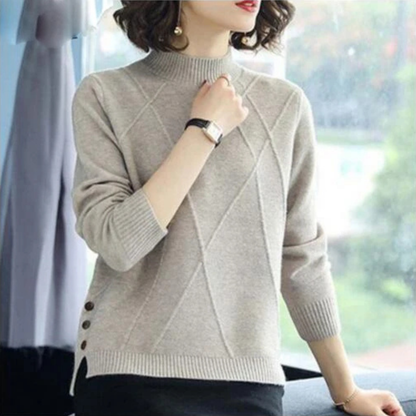 Front view of a chic women's diamond-knit turtleneck sweater, a versatile piece for fall outfits.
