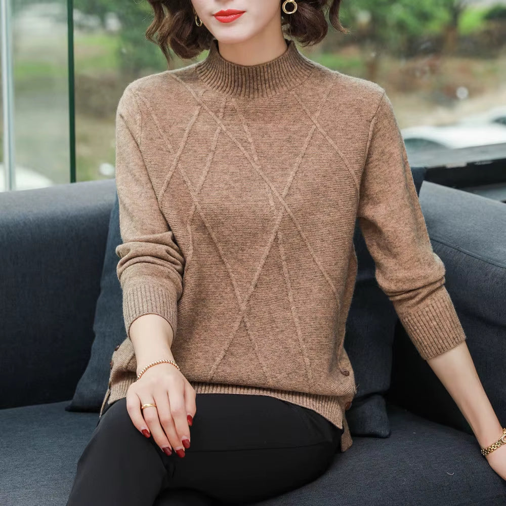Women wearing a cozy diamond-knit turtleneck sweater, a perfect stylish top for chilly winter days.