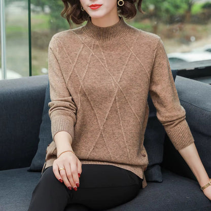 Women wearing a cozy diamond-knit turtleneck sweater, a perfect stylish top for chilly winter days.