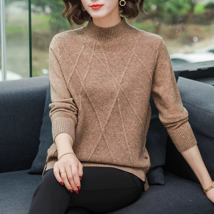 Women wearing a cozy diamond-knit turtleneck sweater, a perfect stylish top for chilly winter days.