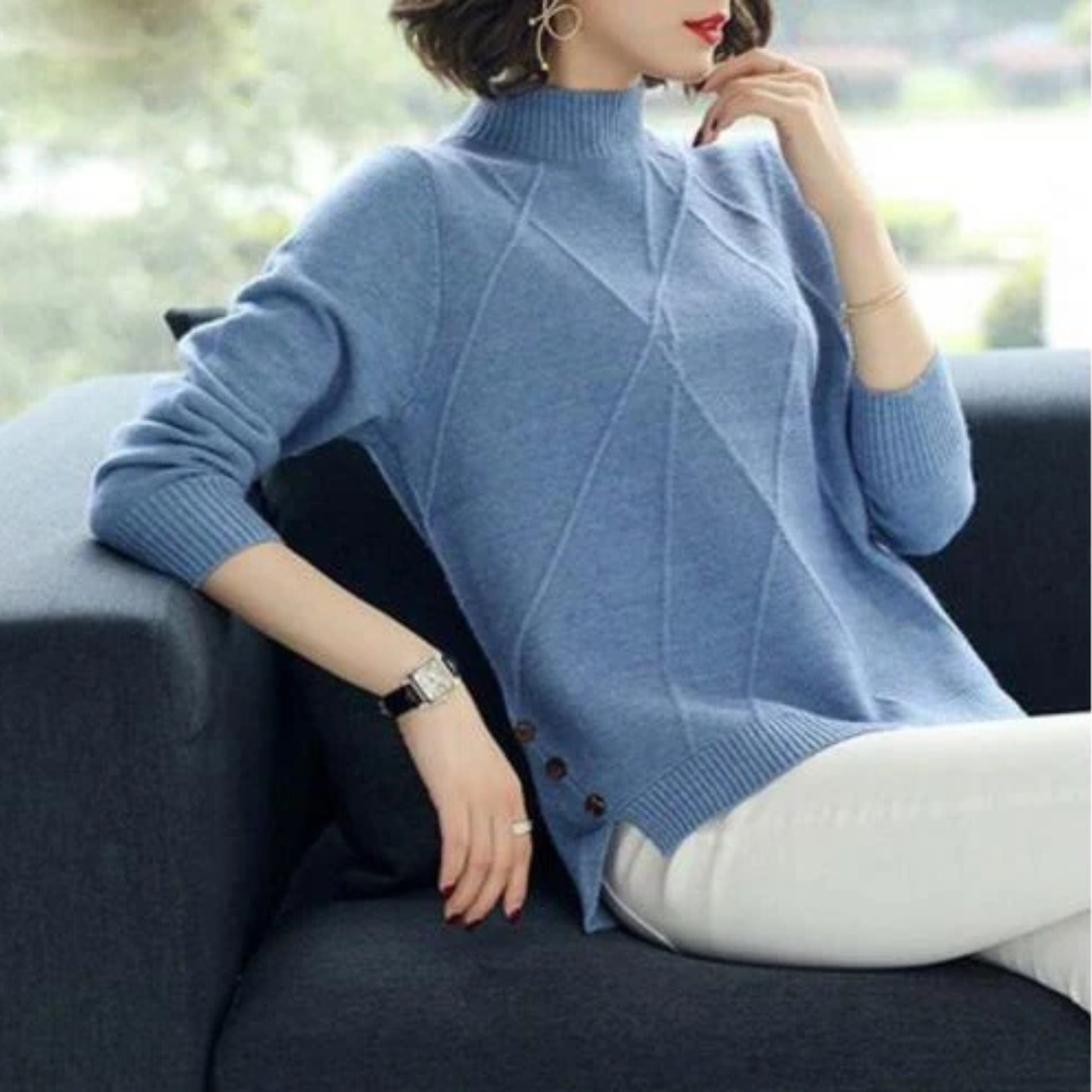 Close-up of a cozy women's diamond-knit turtleneck sweater, showing the intricate pattern details.