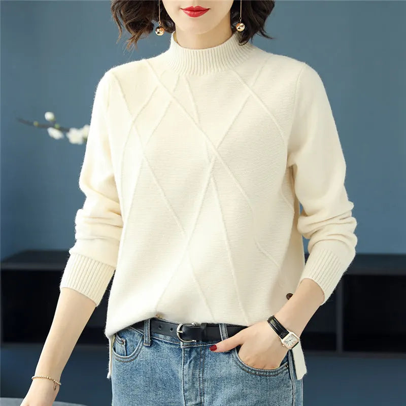 Stylish women's diamond-knit turtleneck sweater, a chic top for fall outfits & casual wear.
