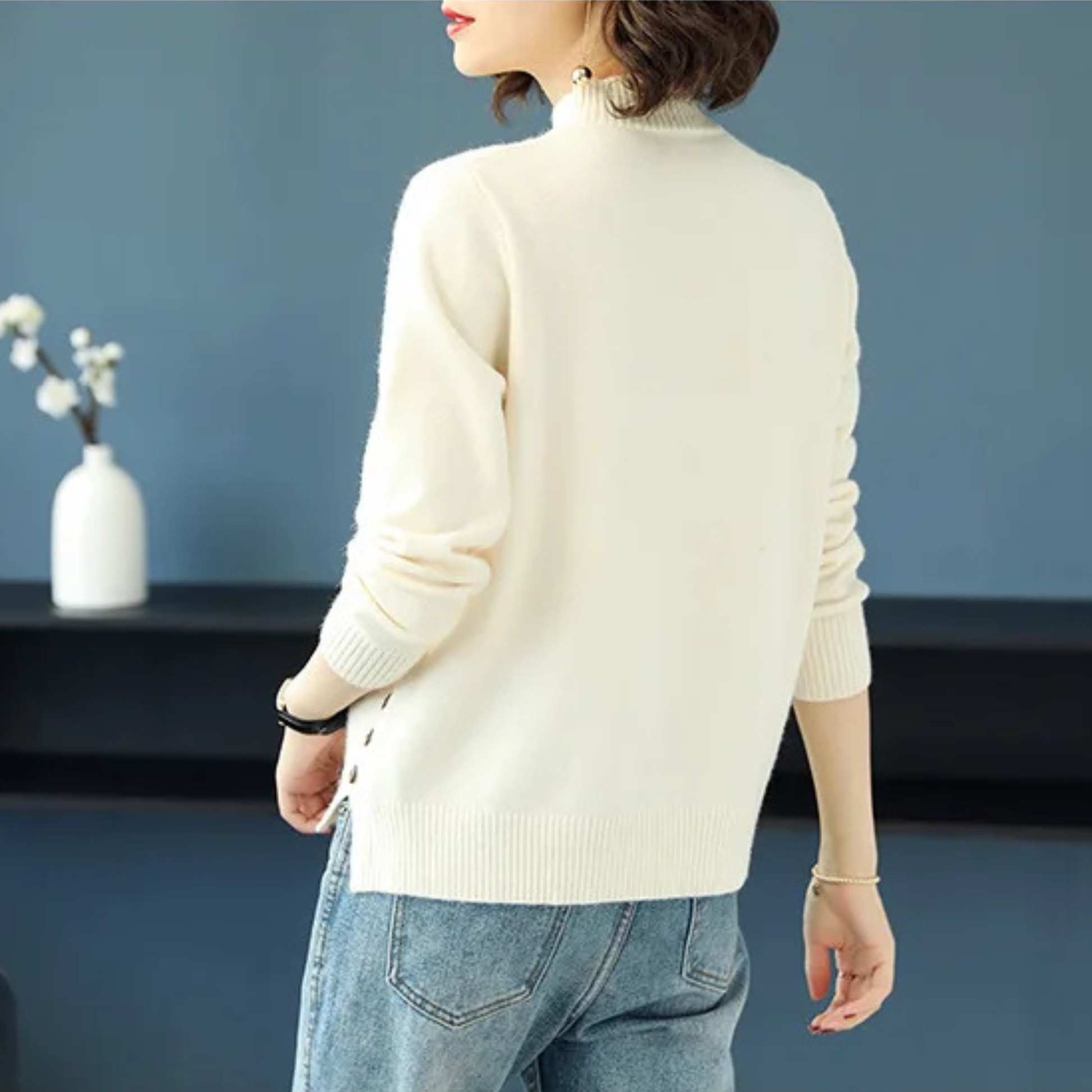 Women's sophisticated diamond-knit turtleneck sweater. Elegant ladies' fashion for cold weather.