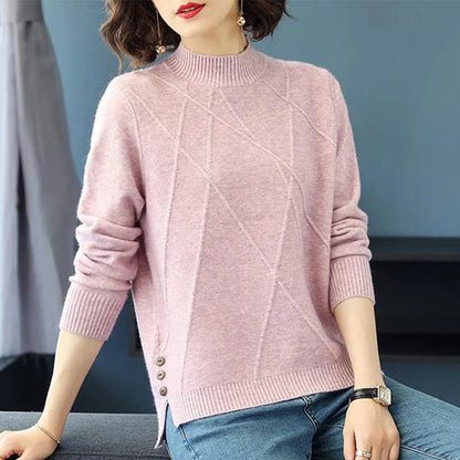 Cozy women's long-sleeve diamond-knit turtleneck sweater. Warm apparel & stylish top for winter.