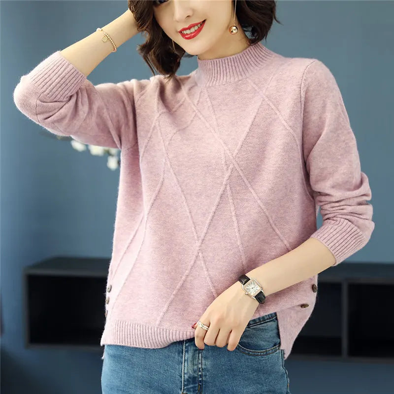 Women's elegant diamond-knit turtleneck sweater, showcasing its flattering fit for winter fashion.