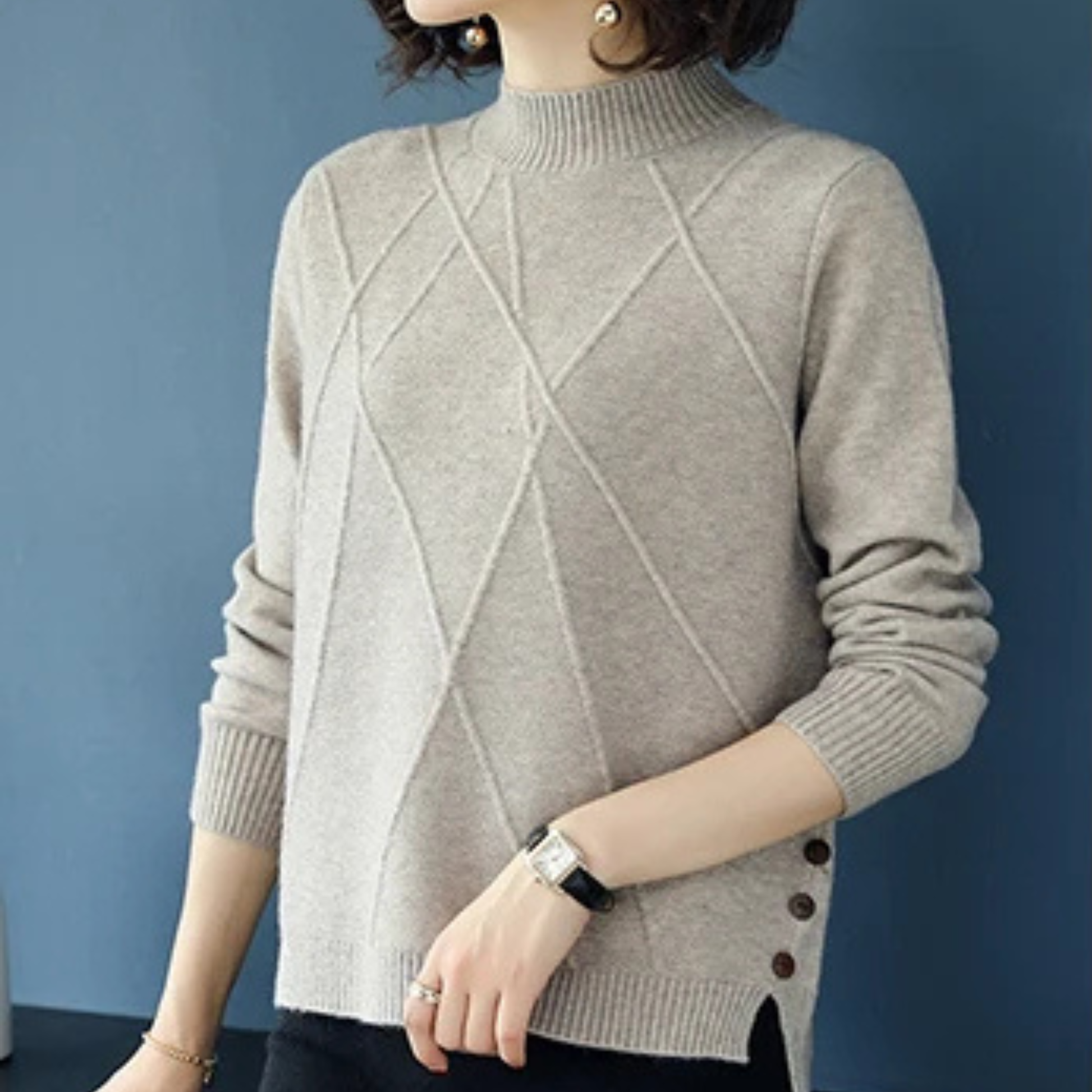 Fashionable women's diamond-knit turtleneck sweater. A cozy long-sleeve top for fall and winter style.