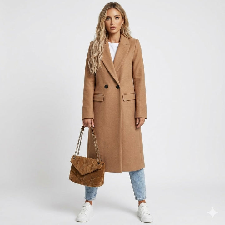 Women's elegant double-breasted long coat with a stylish lapel collar, perfect for work & formal wear.