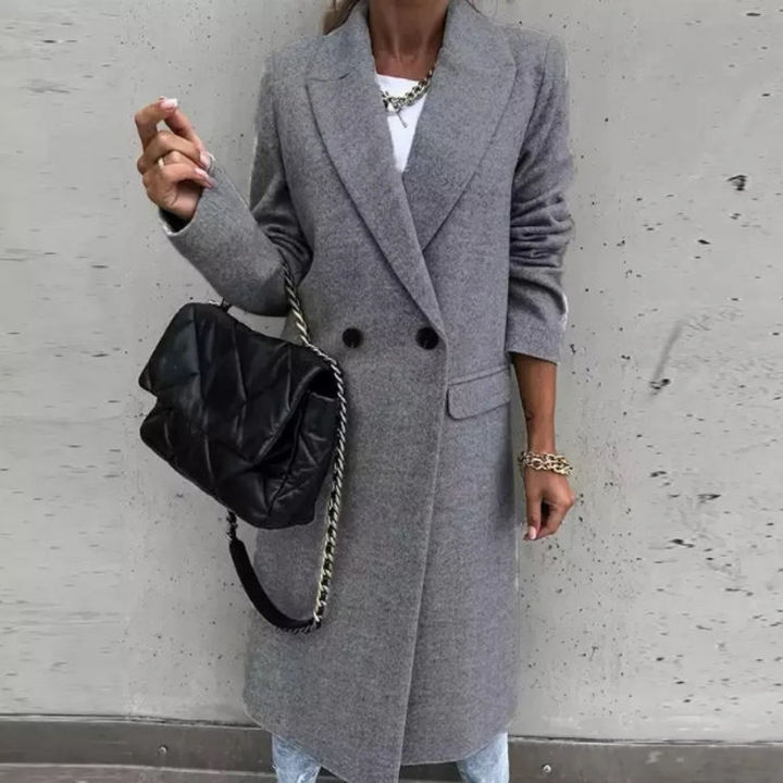 Professional women's long coat, double-breasted with an elegant lapel collar, ideal for office & business.